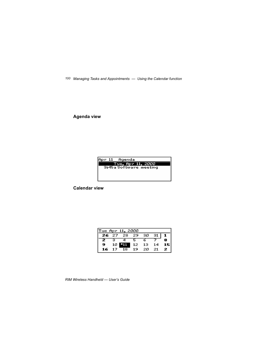 Agenda view, Calendar view | Blackberry RIM 950 User Manual | Page 100 / 153