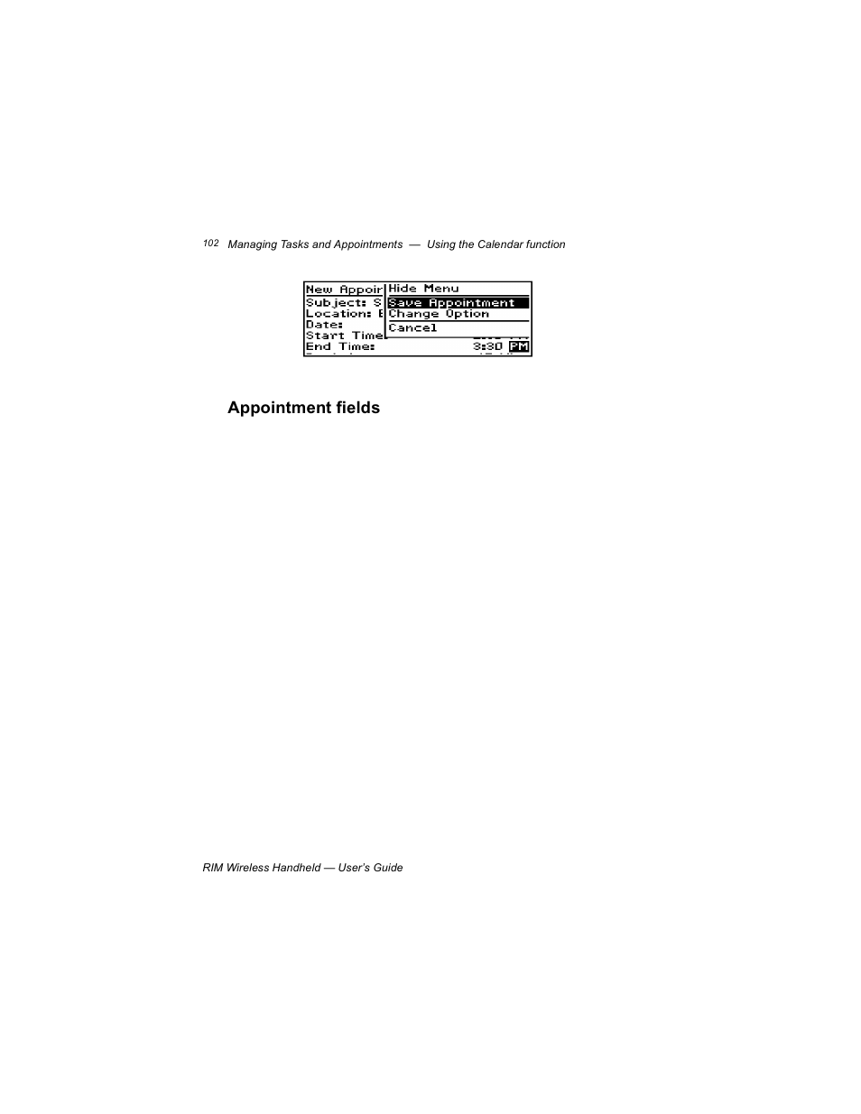Appointment fields | Blackberry RIM 950 User Manual | Page 102 / 153