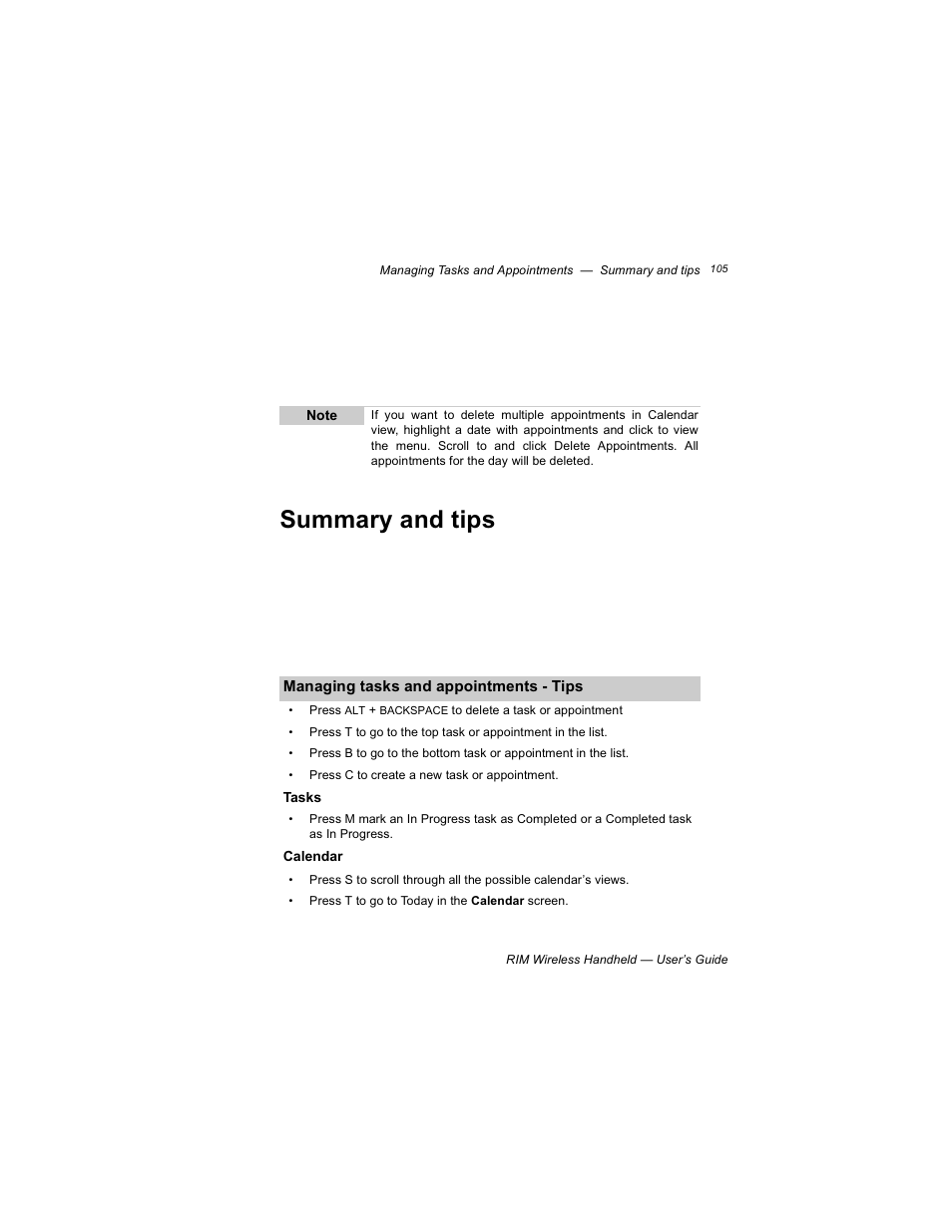 Summary and tips, Managing tasks and appointments - tips, Tasks | Calendar | Blackberry RIM 950 User Manual | Page 105 / 153