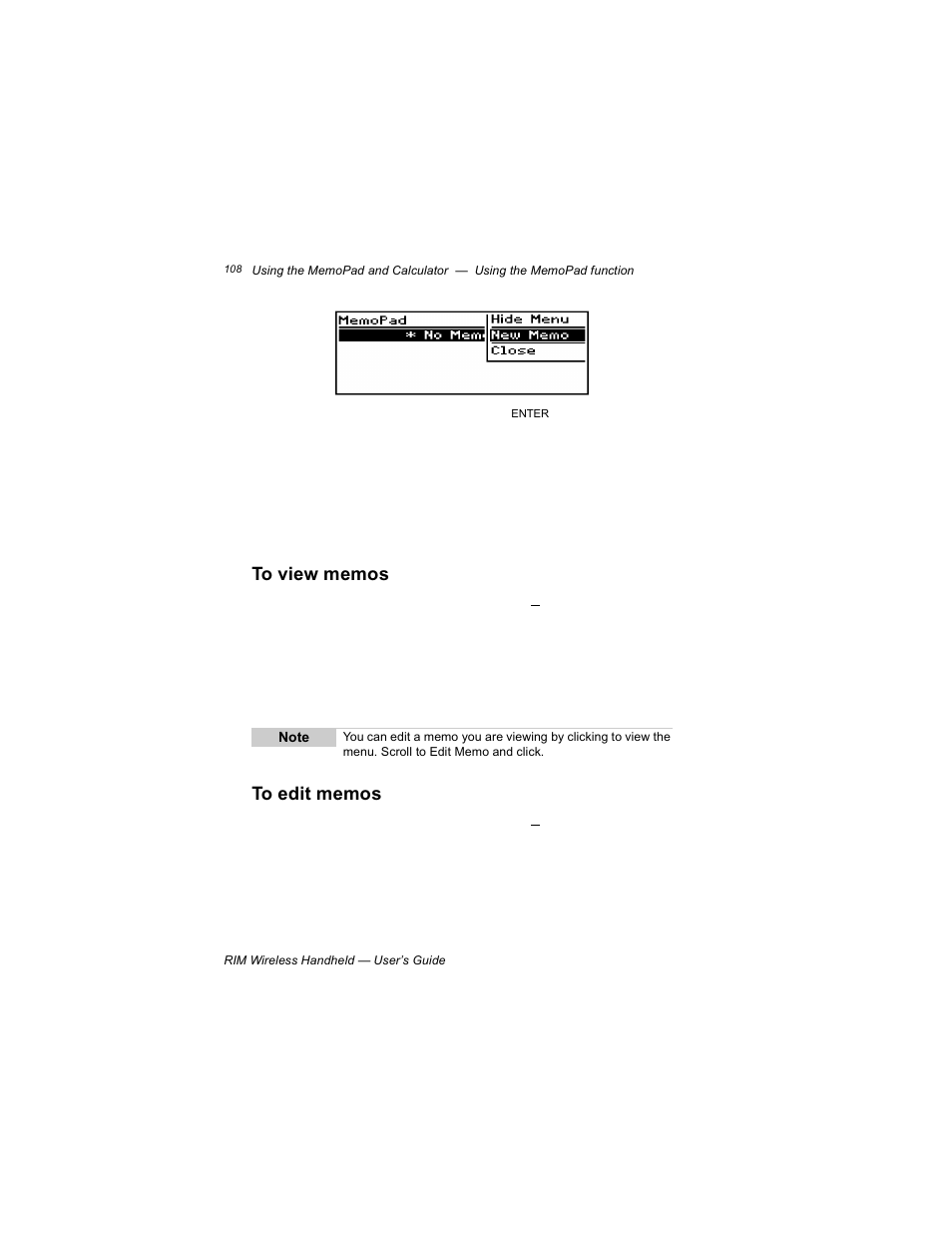 To view memos, To edit memos | Blackberry RIM 950 User Manual | Page 108 / 153