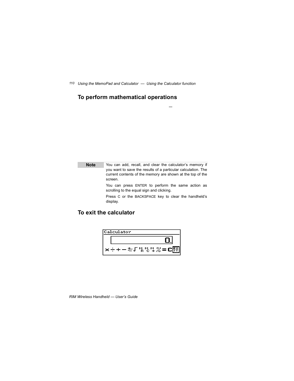 To perform mathematical operations, To exit the calculator | Blackberry RIM 950 User Manual | Page 110 / 153