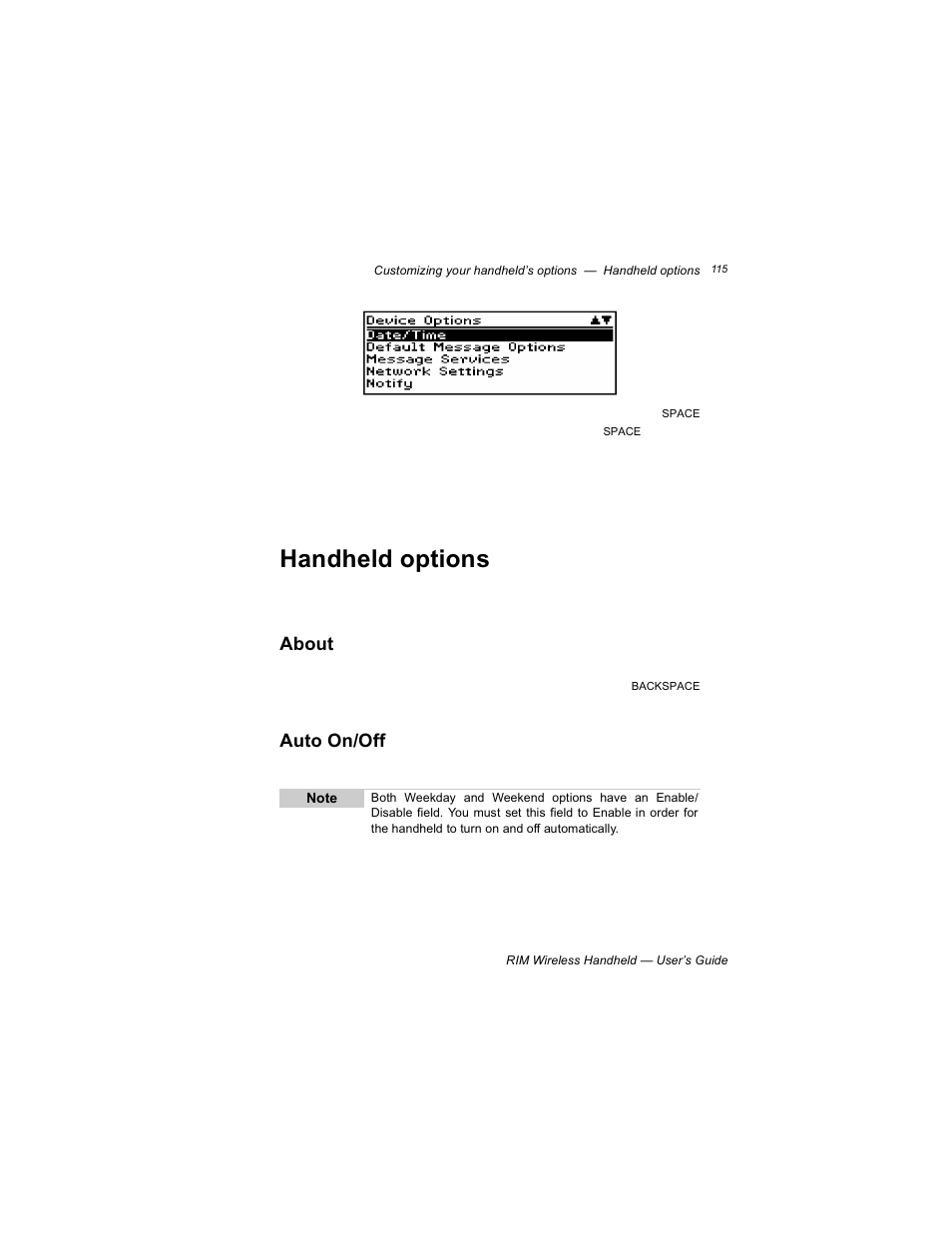 Handheld options, About, Auto on/off | Blackberry RIM 950 User Manual | Page 115 / 153