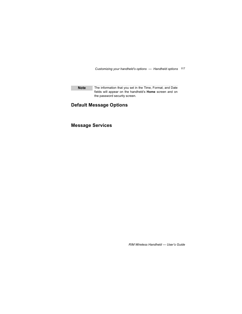 Default message options, Message services | Blackberry RIM 950 User Manual | Page 117 / 153