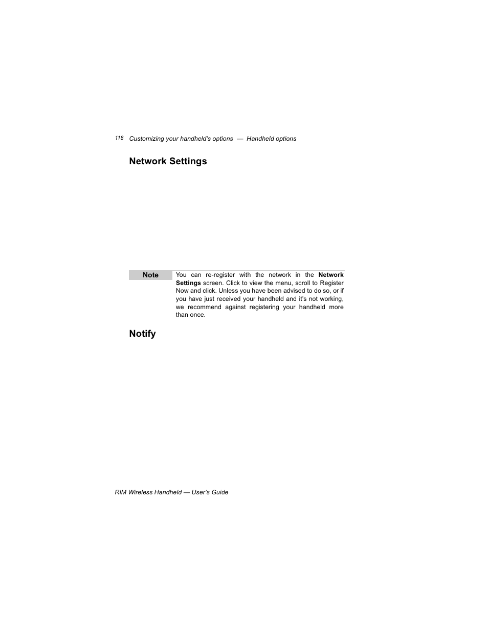 Network settings, Notify | Blackberry RIM 950 User Manual | Page 118 / 153