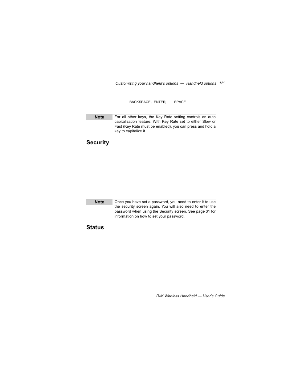 Security, Status | Blackberry RIM 950 User Manual | Page 121 / 153