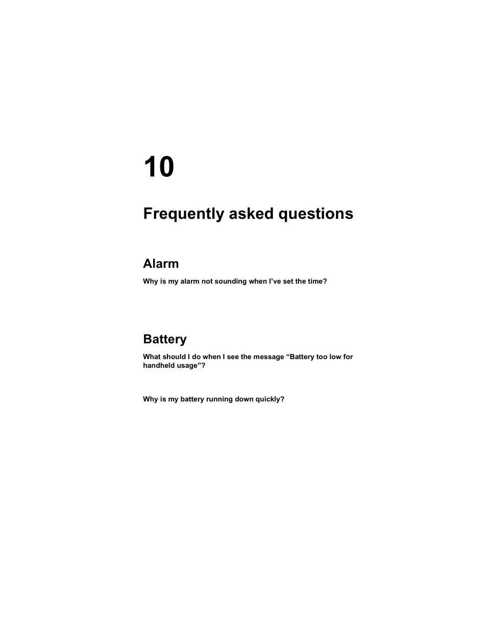 Frequently asked questions, Alarm, Battery | Why is my battery running down quickly, Alarm battery | Blackberry RIM 950 User Manual | Page 125 / 153