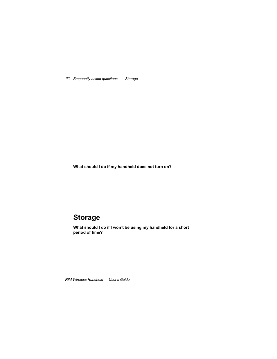 What should i do if my handheld does not turn on, Storage | Blackberry RIM 950 User Manual | Page 126 / 153