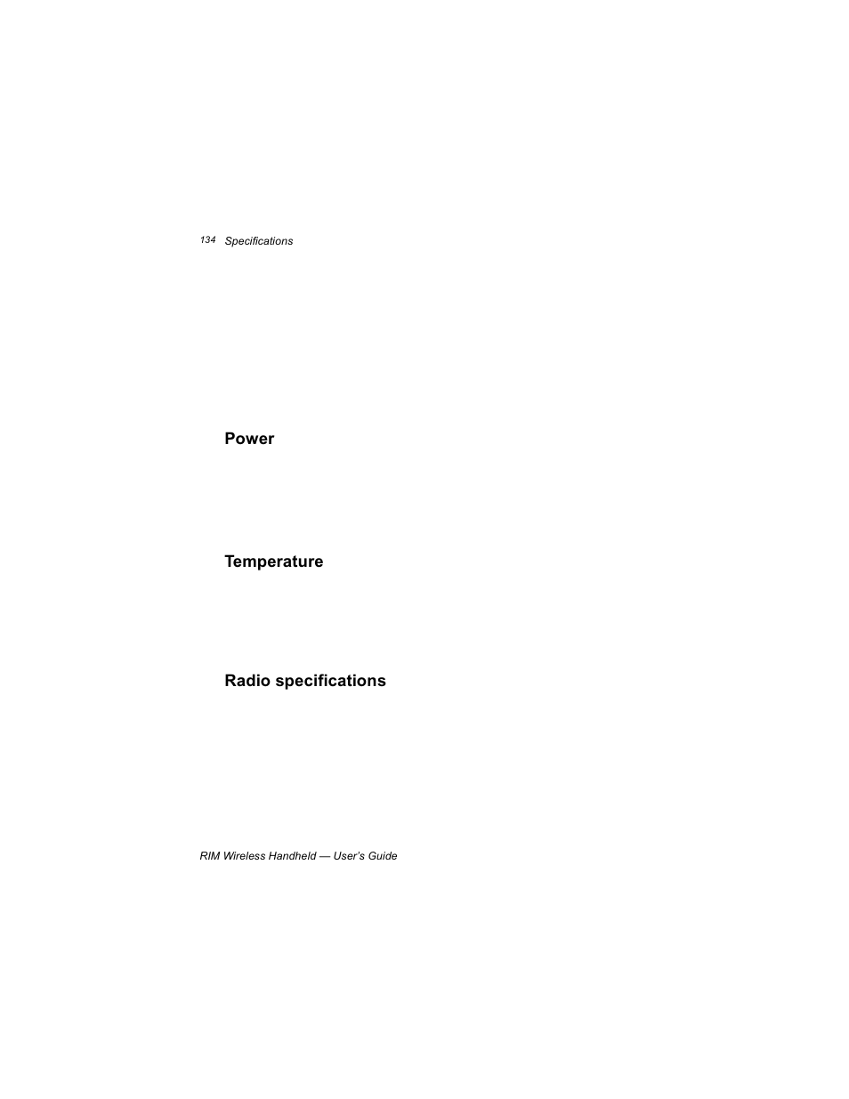 Power, Temperature, Radio specifications | Power temperature radio specifications | Blackberry RIM 950 User Manual | Page 134 / 153