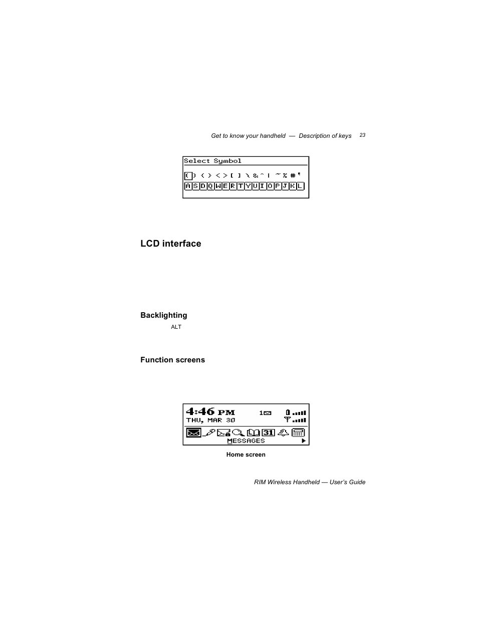 Lcd interface, Backlighting, Function screens | Blackberry RIM 950 User Manual | Page 23 / 153