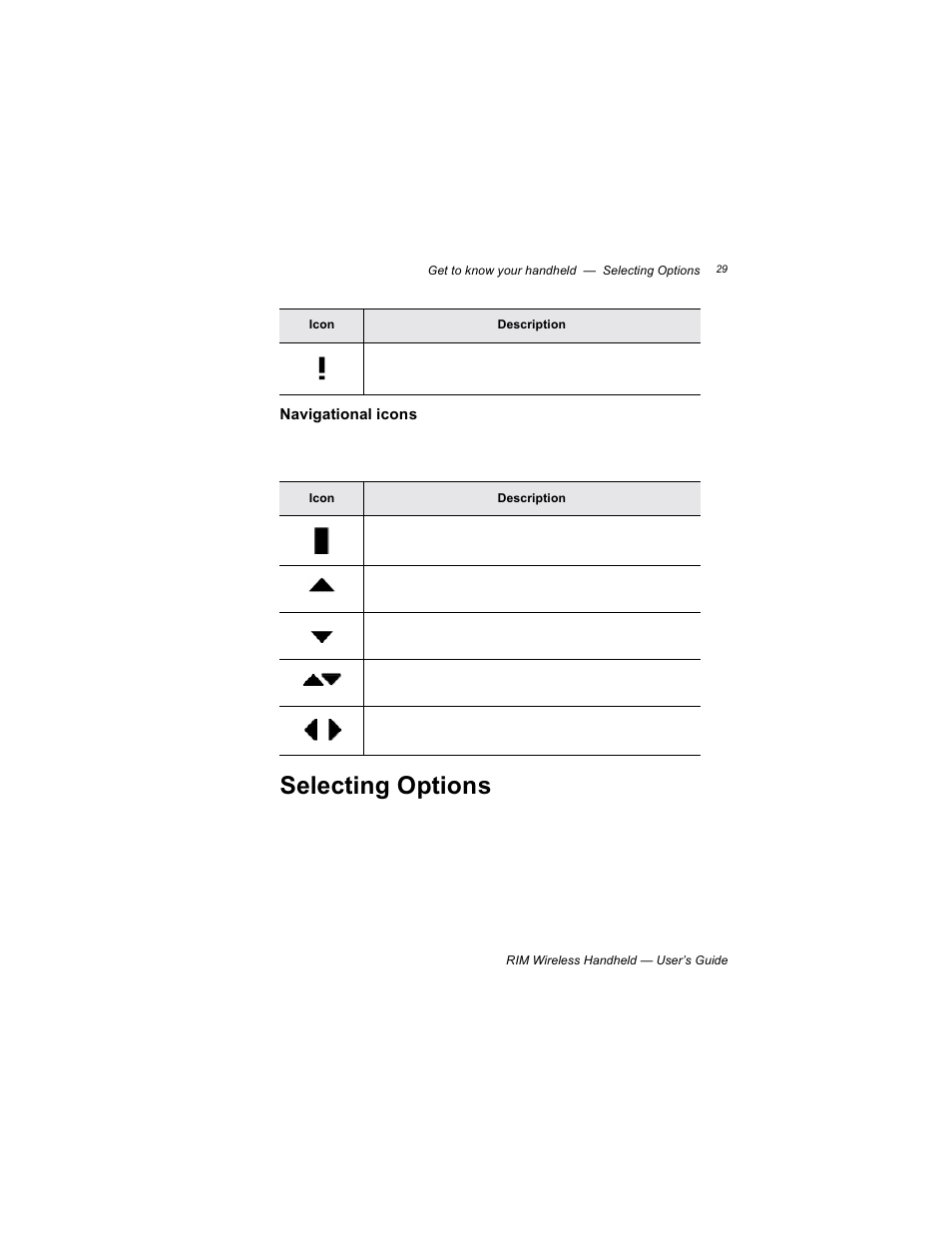 Navigational icons, Selecting options | Blackberry RIM 950 User Manual | Page 29 / 153