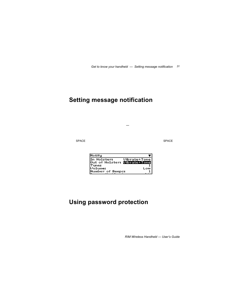 Setting message notification, Using password protection | Blackberry RIM 950 User Manual | Page 31 / 153