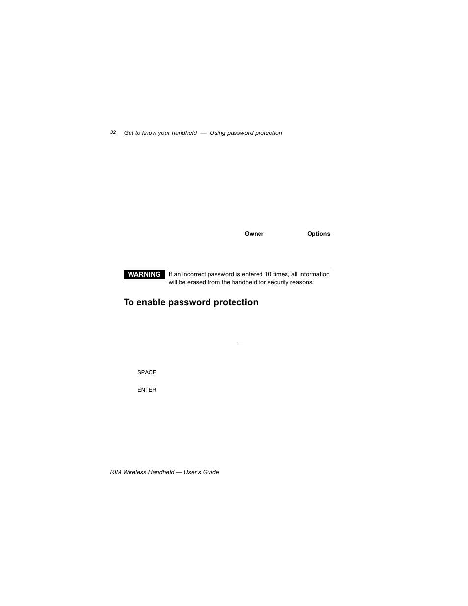 To enable password protection | Blackberry RIM 950 User Manual | Page 32 / 153