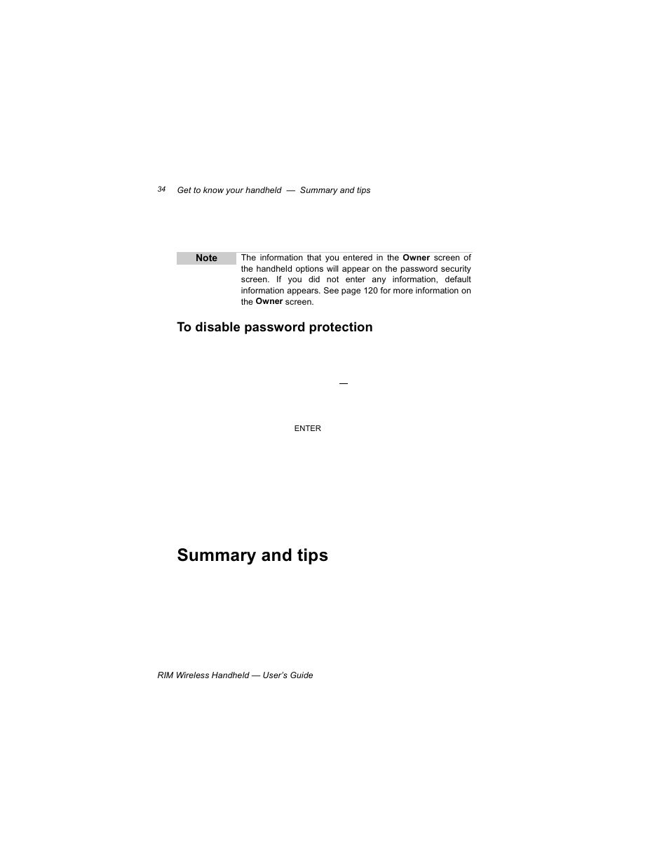 To disable password protection, Summary and tips | Blackberry RIM 950 User Manual | Page 34 / 153