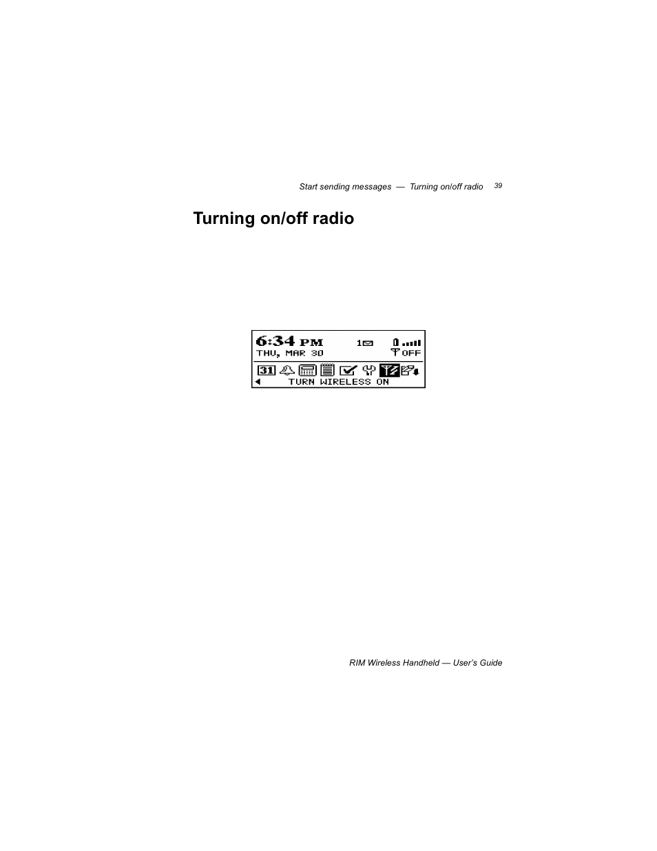 Turning on/off radio | Blackberry RIM 950 User Manual | Page 39 / 153
