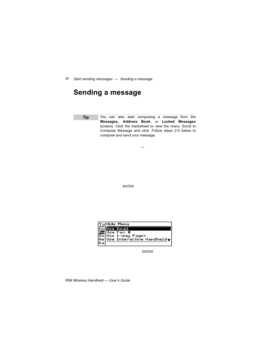 Sending a message | Blackberry RIM 950 User Manual | Page 40 / 153