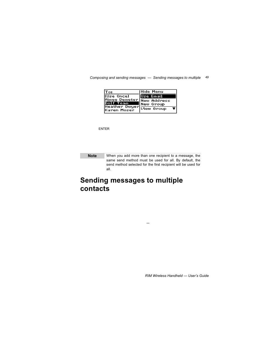 Sending messages to multiple contacts, Summary and tips | Blackberry RIM 950 User Manual | Page 49 / 153