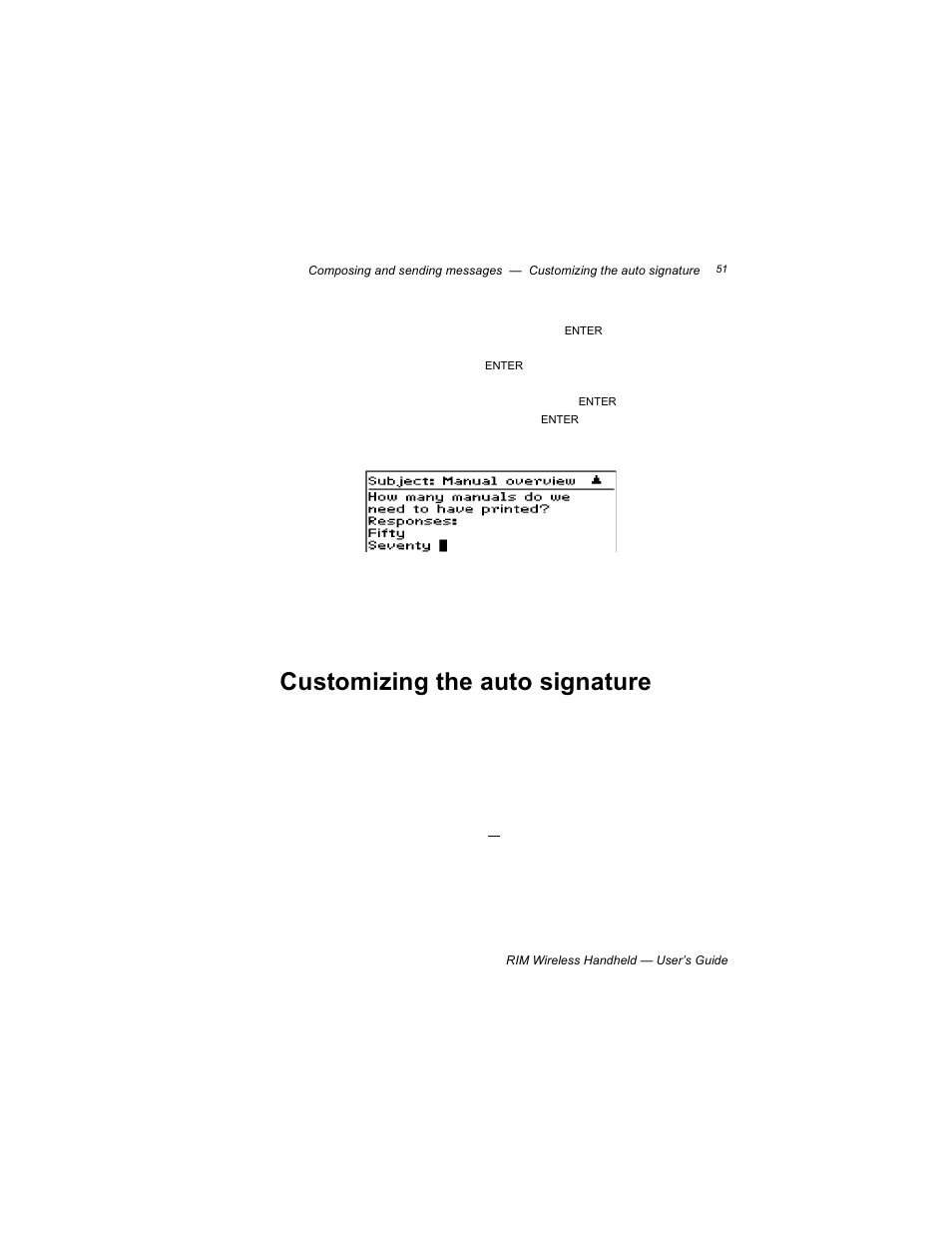 Customizing the auto signature | Blackberry RIM 950 User Manual | Page 51 / 153