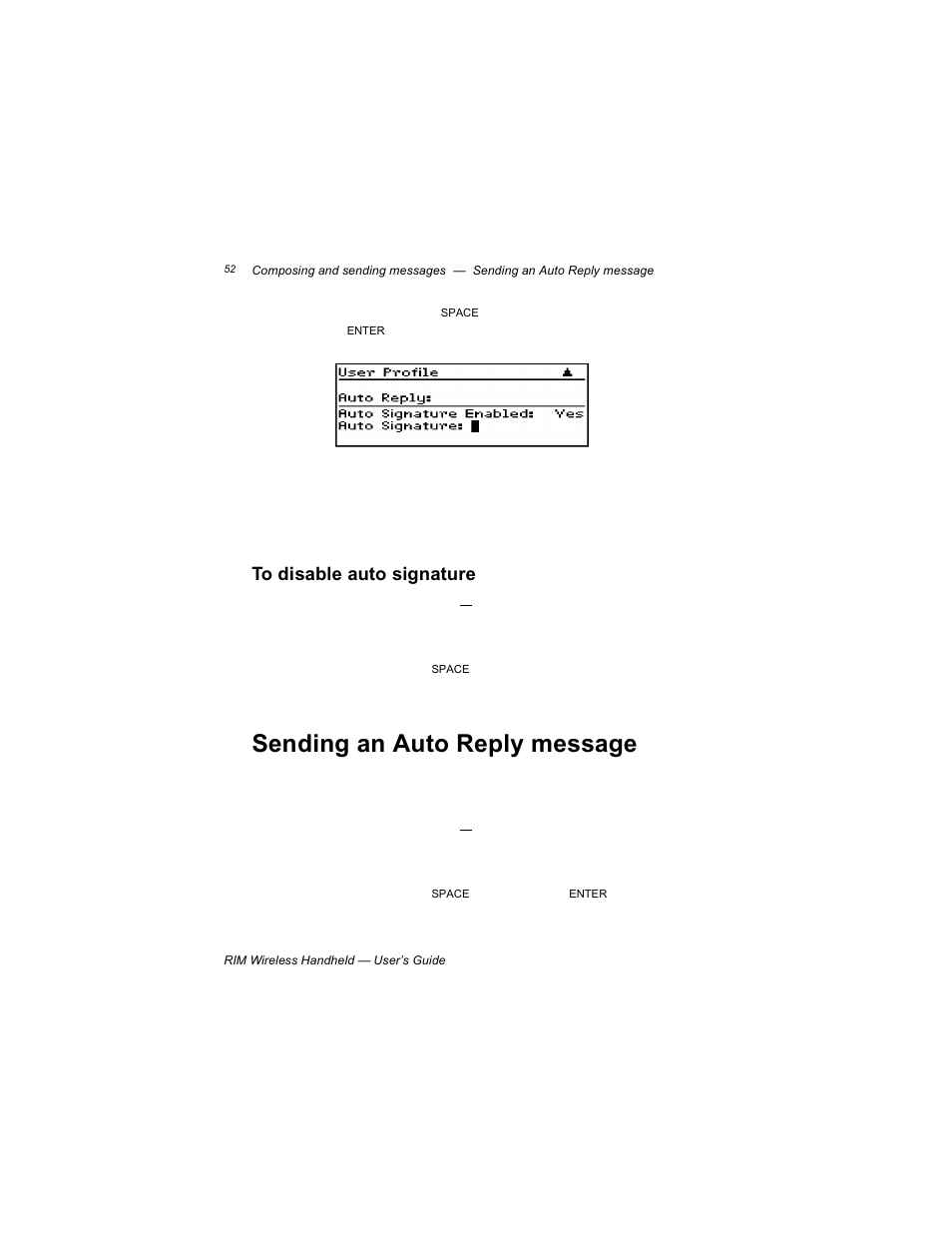 To disable auto signature, Sending an auto reply message | Blackberry RIM 950 User Manual | Page 52 / 153
