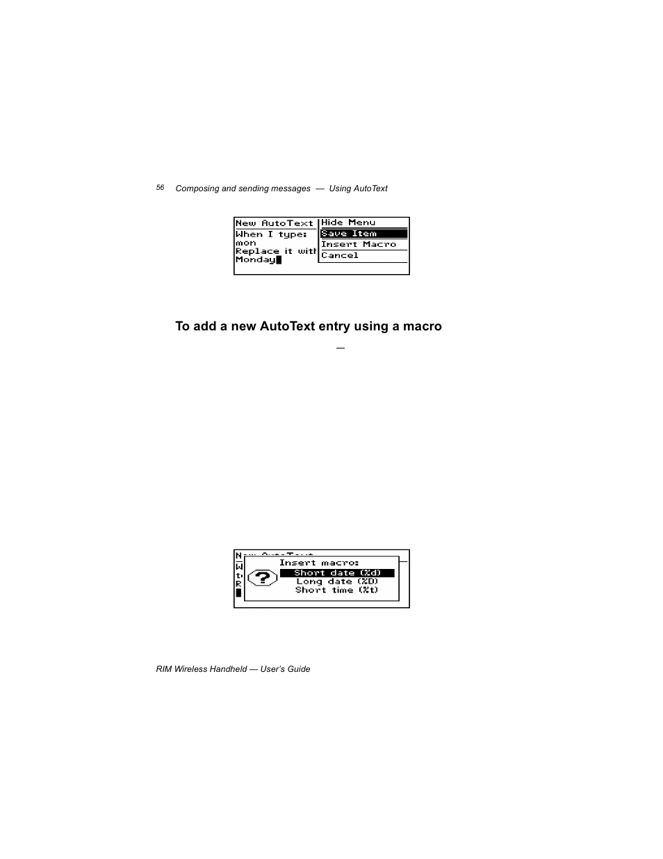 To add a new autotext entry using a macro | Blackberry RIM 950 User Manual | Page 56 / 153