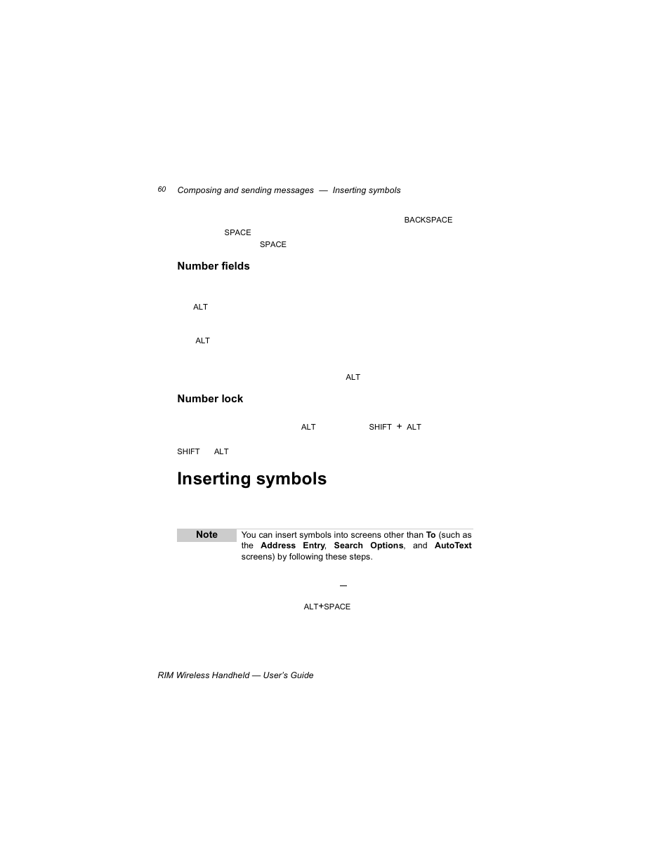 Number fields, Number lock, Inserting symbols | Blackberry RIM 950 User Manual | Page 60 / 153