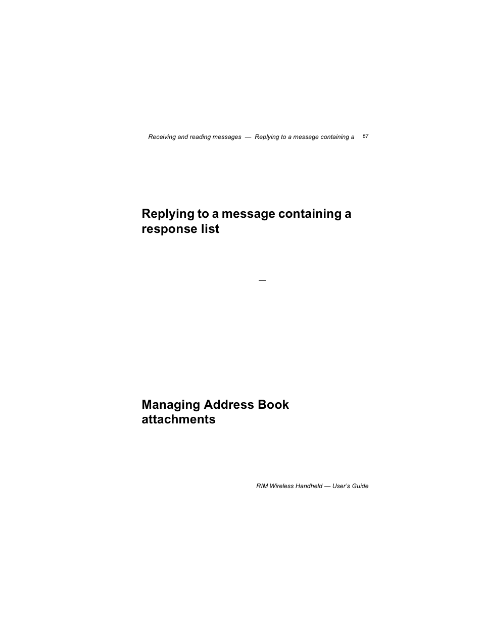 Replying to a message containing a response list, Managing address book attachments | Blackberry RIM 950 User Manual | Page 67 / 153