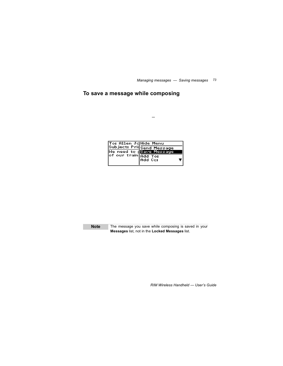 To save a message while composing | Blackberry RIM 950 User Manual | Page 73 / 153