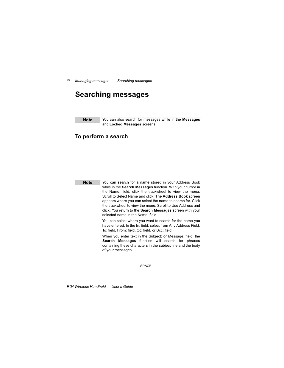 Searching messages, To perform a search | Blackberry RIM 950 User Manual | Page 74 / 153