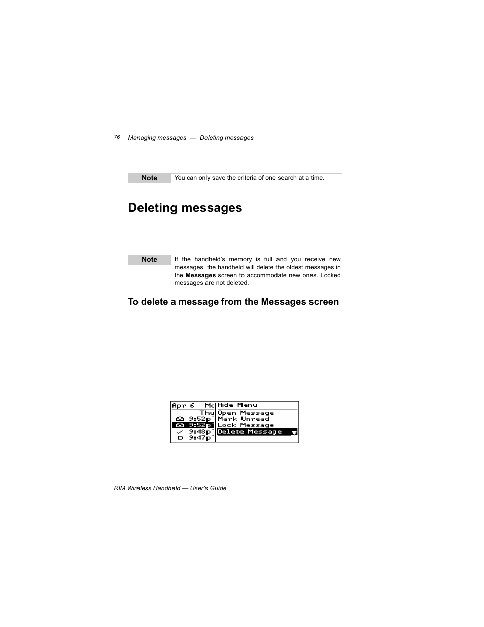 Deleting messages, To delete a message from the messages screen | Blackberry RIM 950 User Manual | Page 76 / 153
