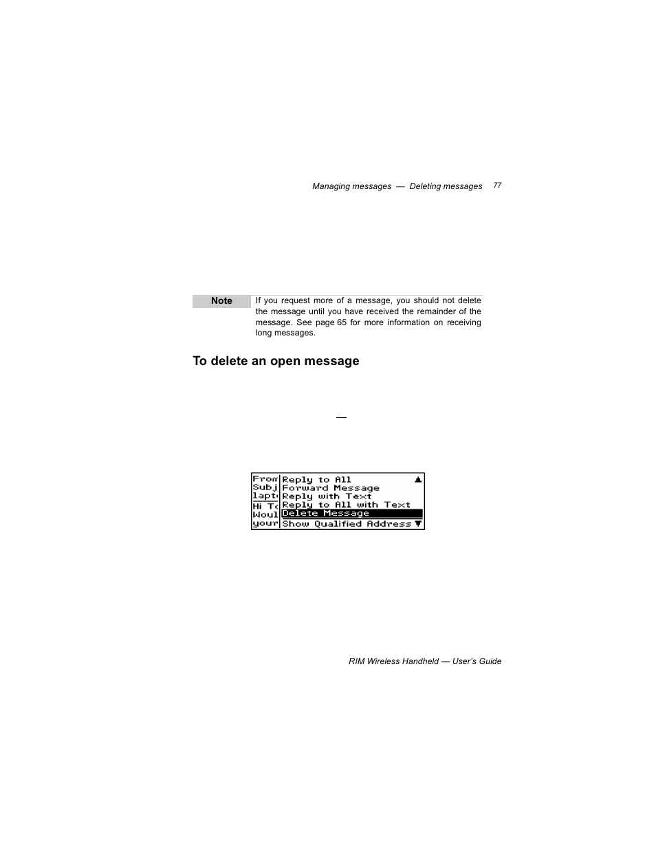 To delete an open message | Blackberry RIM 950 User Manual | Page 77 / 153