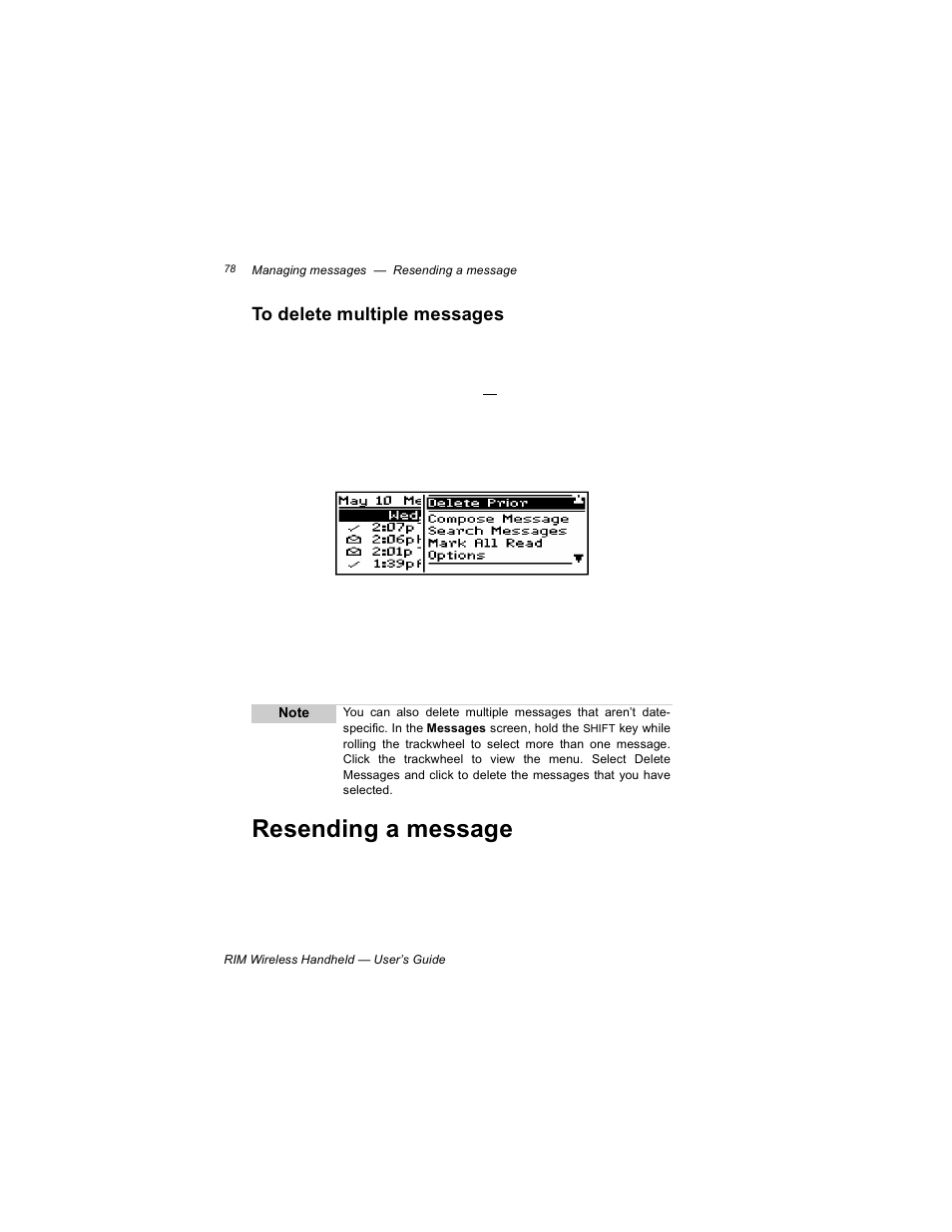 To delete multiple messages, Resending a message | Blackberry RIM 950 User Manual | Page 78 / 153