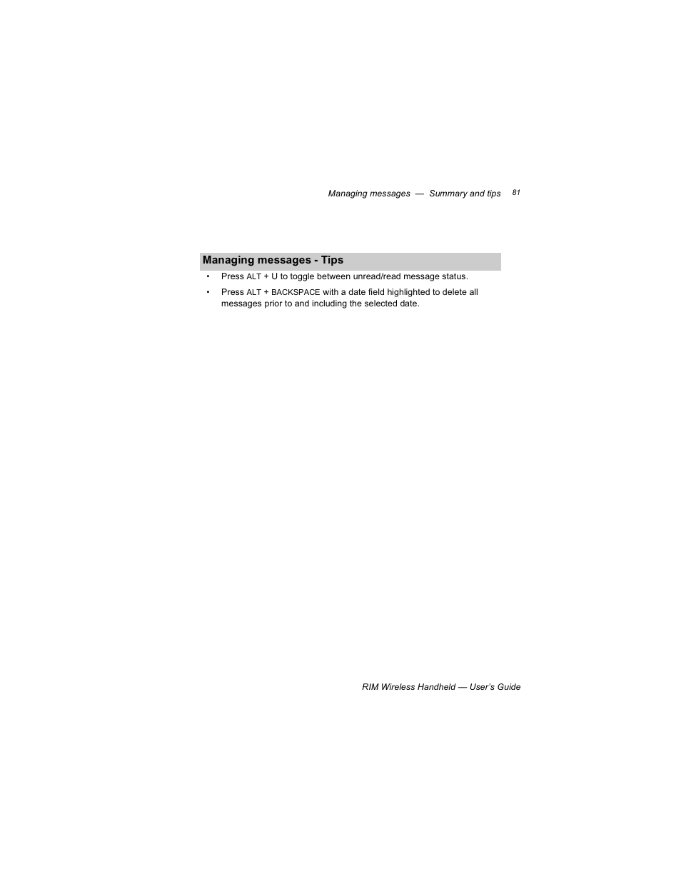 Managing messages - tips | Blackberry RIM 950 User Manual | Page 81 / 153