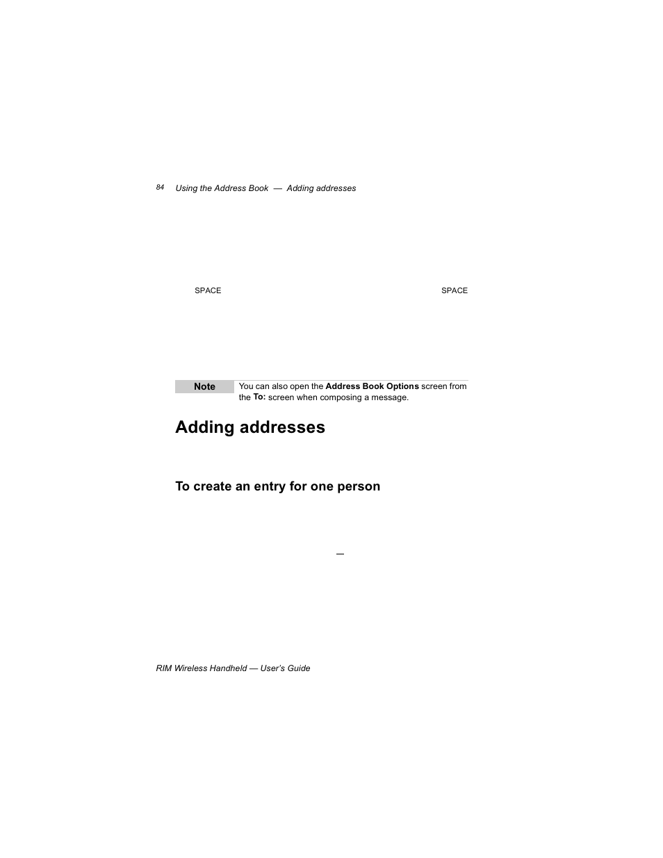 Adding addresses, To create an entry for one person | Blackberry RIM 950 User Manual | Page 84 / 153