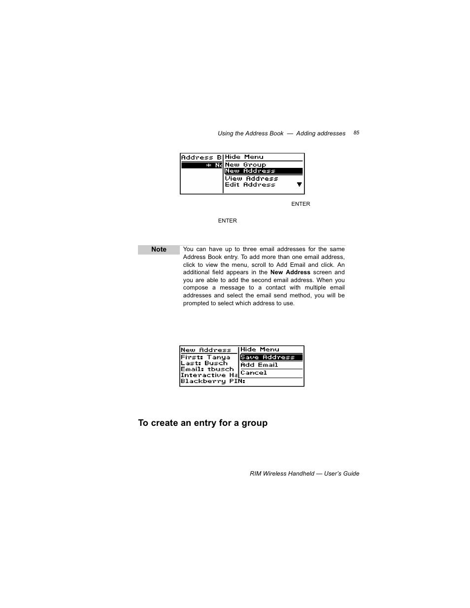 To create an entry for a group | Blackberry RIM 950 User Manual | Page 85 / 153