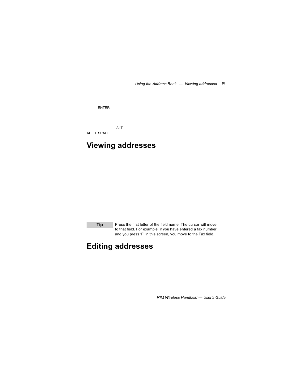 Viewing addresses, Editing addresses, Viewing addresses editing addresses | Blackberry RIM 950 User Manual | Page 91 / 153