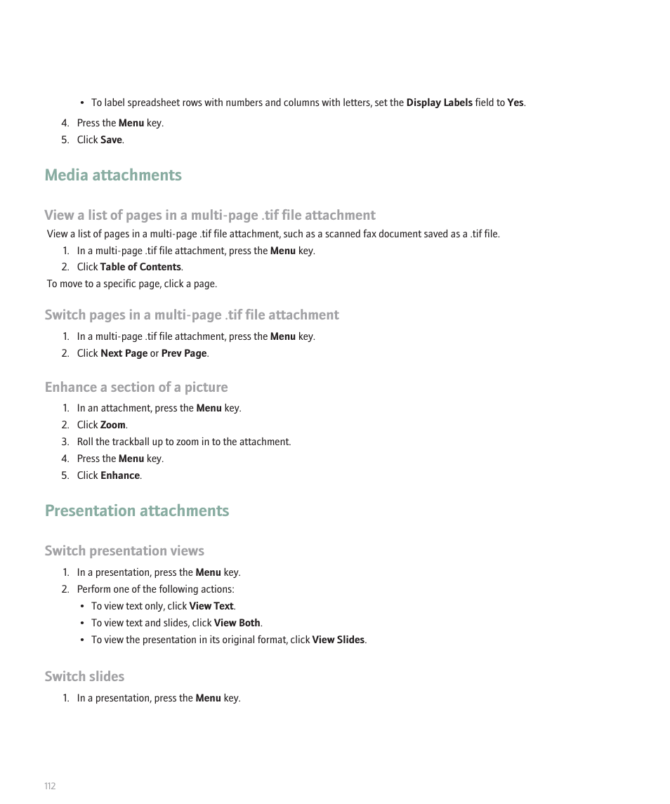 Media attachments, Presentation attachments, Switch pages in a multi-page .tif file attachment | Switch presentation views, Switch slides | Blackberry 8330 User Manual | Page 114 / 272