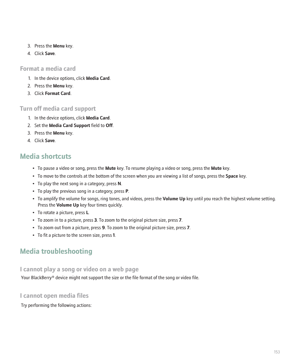 Media shortcuts, Media troubleshooting, Format a media card | Turn off media card support, I cannot play a song or video on a web page, I cannot open media files | Blackberry 8330 User Manual | Page 155 / 272