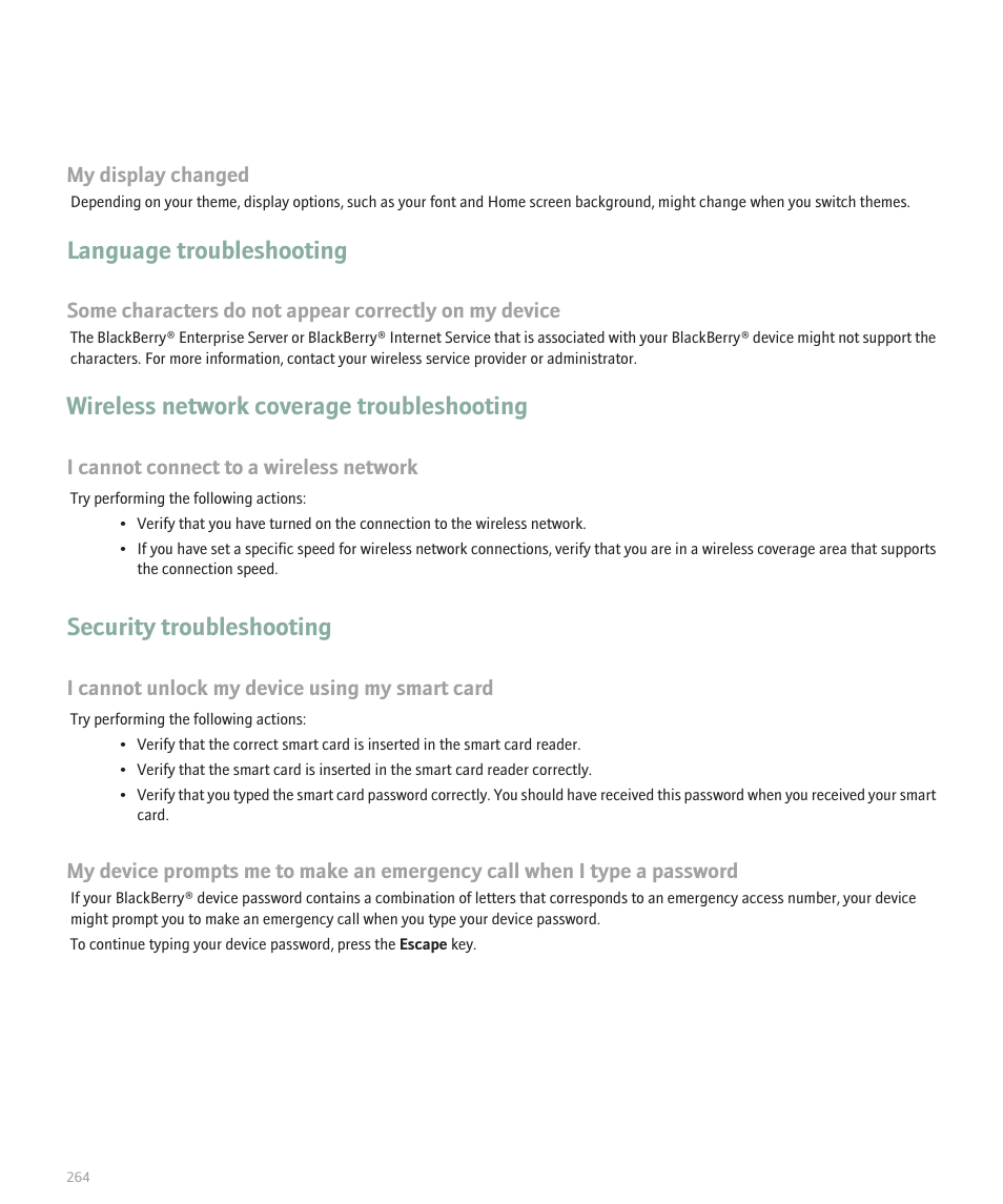 Language troubleshooting, Wireless network coverage troubleshooting, Security troubleshooting | Blackberry 8330 User Manual | Page 266 / 272