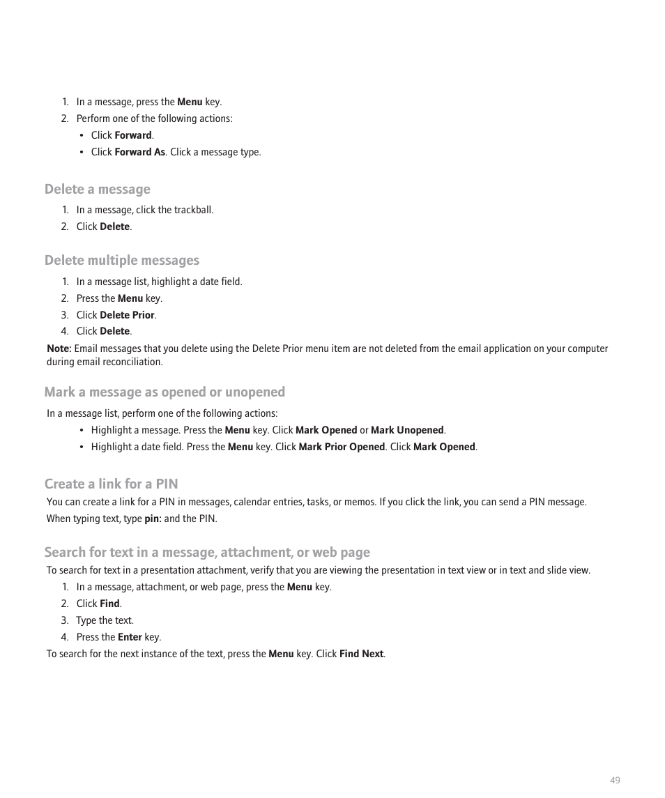 Delete a message, Delete multiple messages, Mark a message as opened or unopened | Create a link for a pin | Blackberry 8330 User Manual | Page 51 / 272