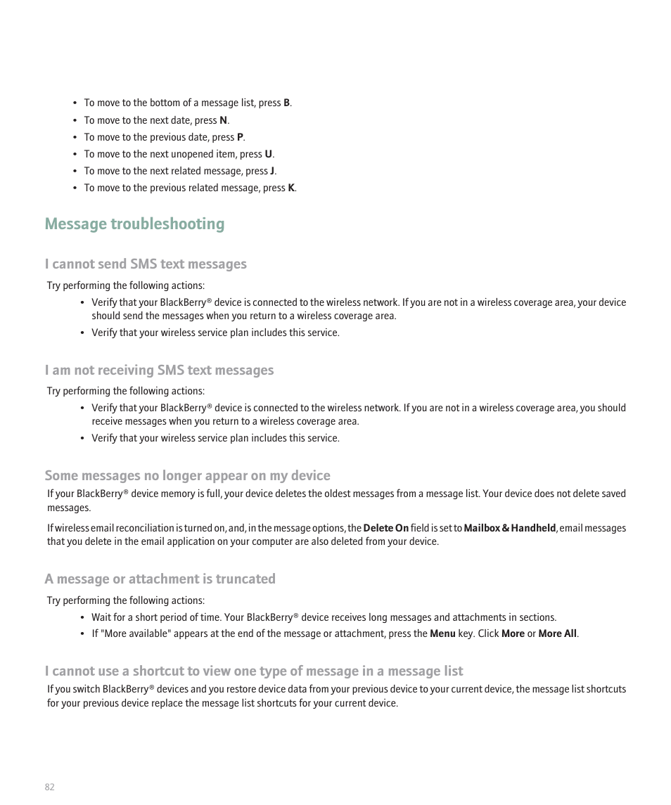 Message troubleshooting, I cannot send sms text messages, I am not receiving sms text messages | Some messages no longer appear on my device, A message or attachment is truncated | Blackberry 8330 User Manual | Page 84 / 272