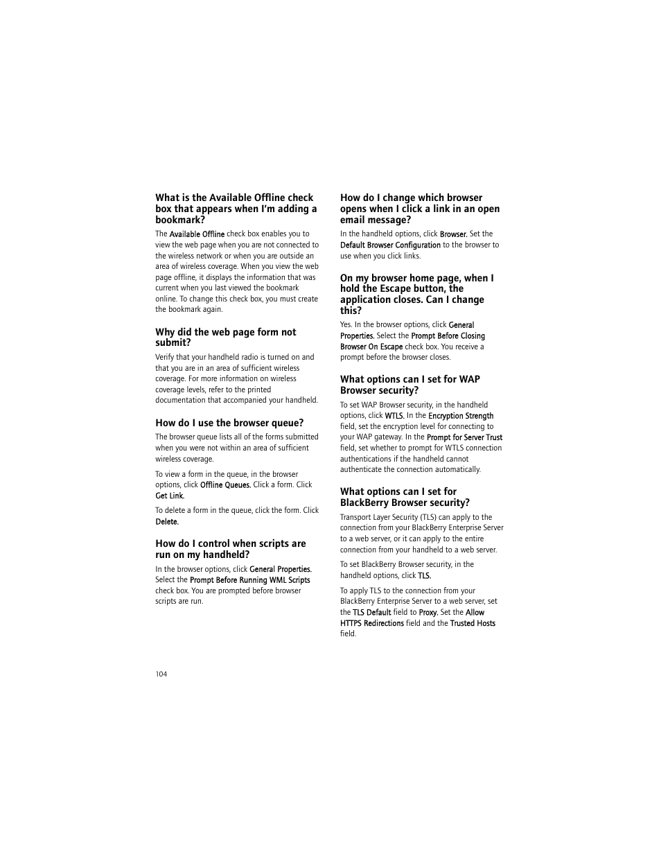 How do i use the browser queue, What options can i set for wap browser security | Blackberry BlackBerry User Manual | Page 104 / 140