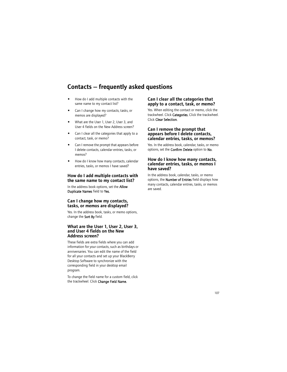 Contacts - frequently asked questions, Contacts — frequently asked questions | Blackberry BlackBerry User Manual | Page 107 / 140