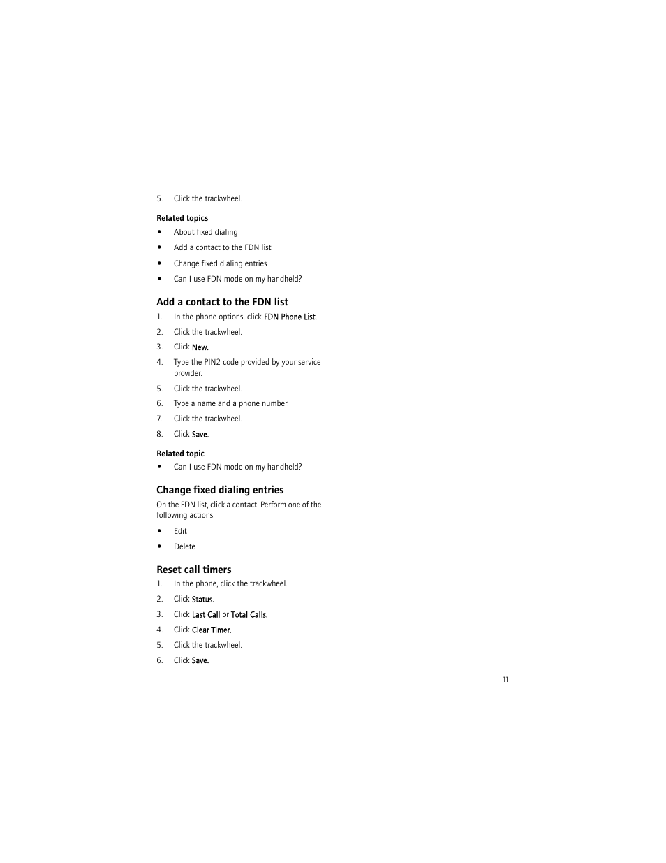 Add a contact to the fdn list, Change fixed dialing entries, Reset call timers | Blackberry BlackBerry User Manual | Page 11 / 140