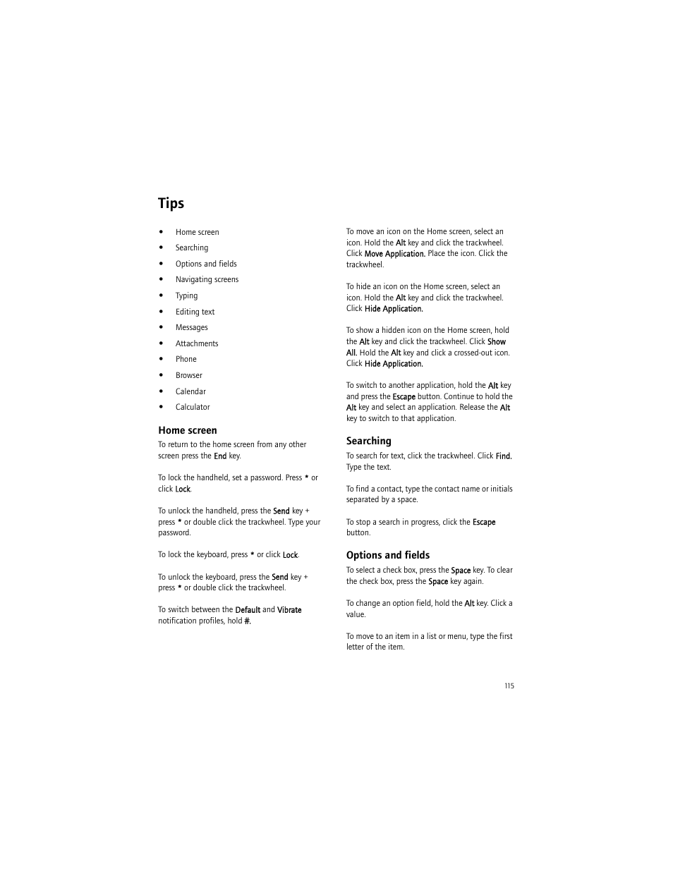 Tips, Home screen, Searching | Options and fields | Blackberry BlackBerry User Manual | Page 115 / 140