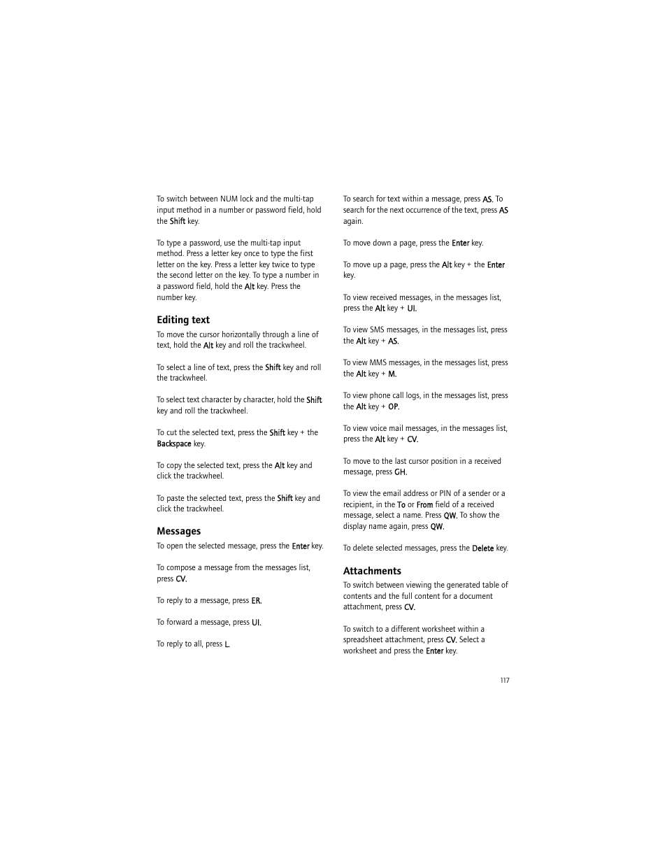 Editing text, Messages, Attachments | Blackberry BlackBerry User Manual | Page 117 / 140