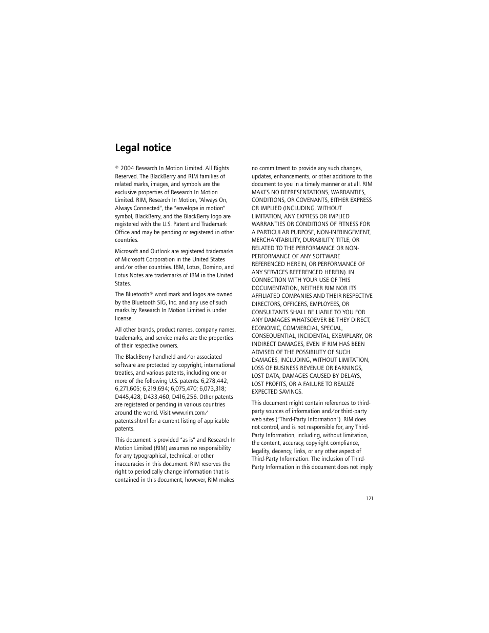 Legal notice | Blackberry BlackBerry User Manual | Page 121 / 140