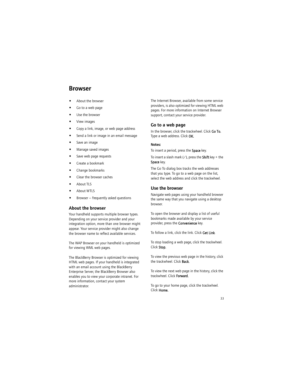 Browser, About the browser, Use the browser | Blackberry BlackBerry User Manual | Page 33 / 140