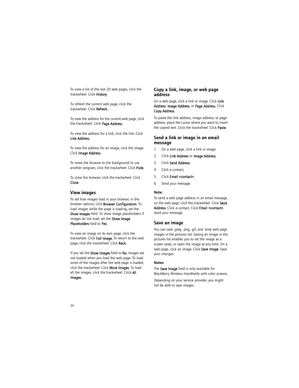 View images, Send a link or image in an email message, Save an image | Blackberry BlackBerry User Manual | Page 34 / 140