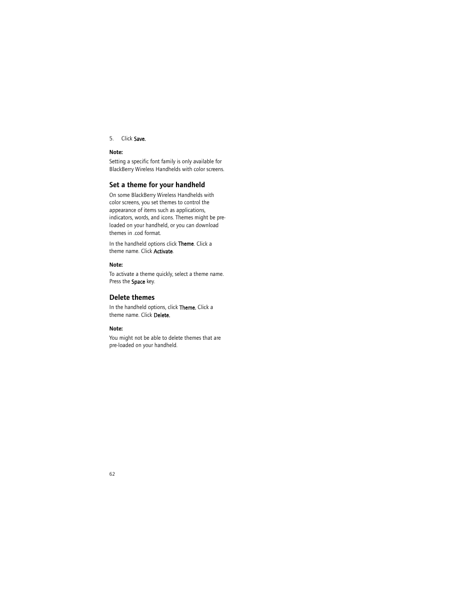 Set a theme for your handheld, Delete themes | Blackberry BlackBerry User Manual | Page 62 / 140