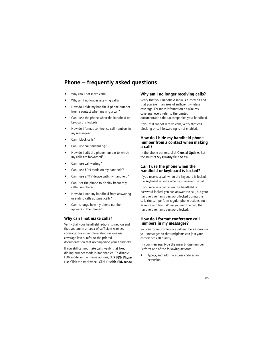 Phone - frequently asked questions, Why can i not make calls, Why am i no longer receiving calls | Phone — frequently asked questions | Blackberry BlackBerry User Manual | Page 85 / 140