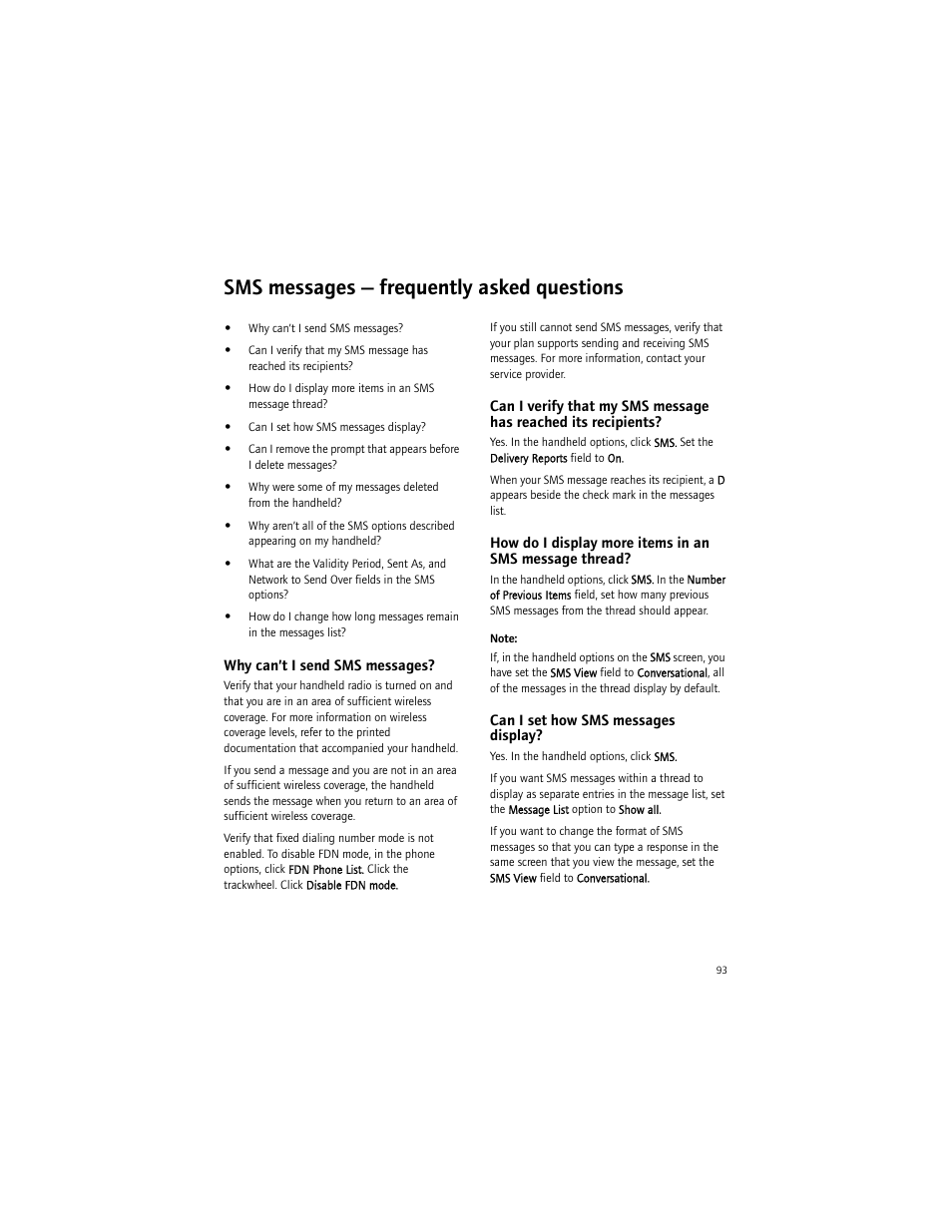 Sms messages - frequently asked questions, Why can’t i send sms messages, Can i set how sms messages display | Sms messages — frequently asked questions | Blackberry BlackBerry User Manual | Page 93 / 140